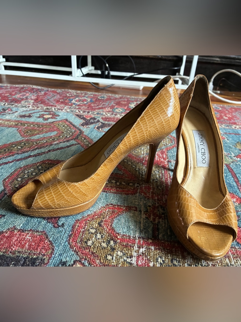 Jimmy Choo Mustard Croc-Embossed Platform Pumps
